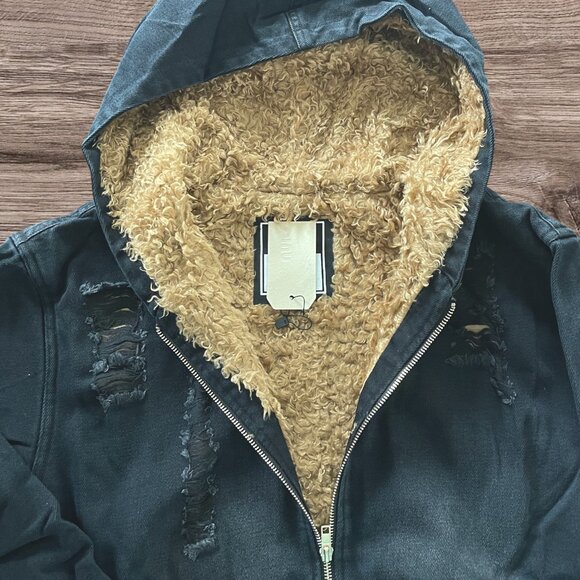Grunge Punk Denim Hoodie Sherpa Lined Distressed Zip Up Black Jean Jacket - Picture 9 of 12